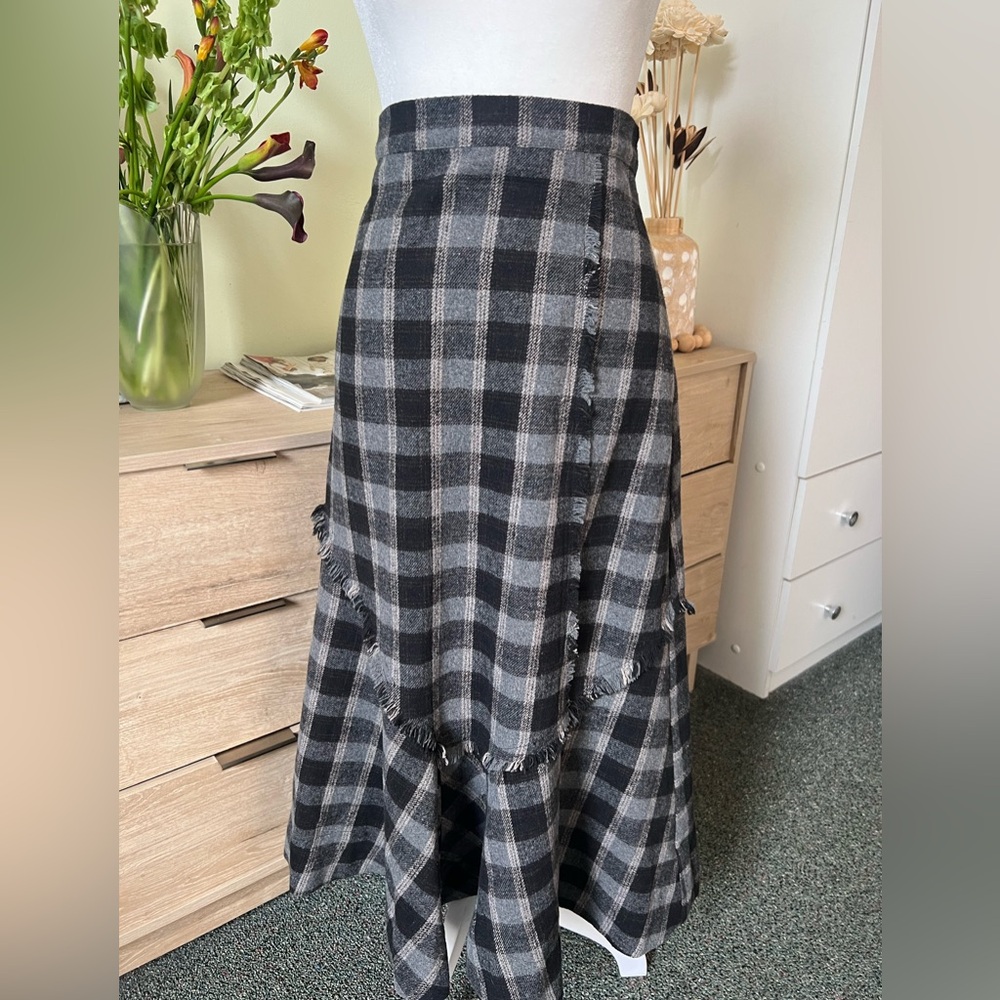 Plaid Check Ruffle Asymmetrical Midi Knee-Length High-Waist Modest Fringe Skirt - Picture 5 of 16